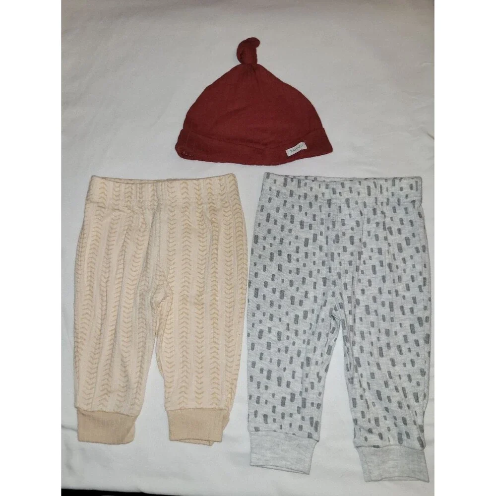 Tahari Size 3-6 Months Knit Hat and Two Pants Bundle - Burgundy, Cream, Gray